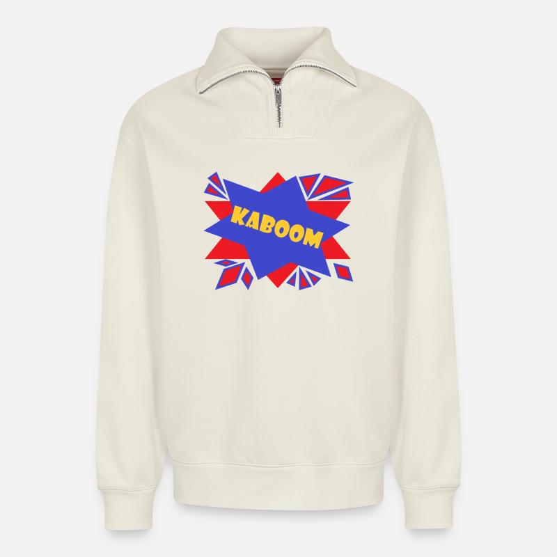 Comic Kaboom - Relaxed Unisex Organic Half Zip Sweatshirt – by SPREAD - off white