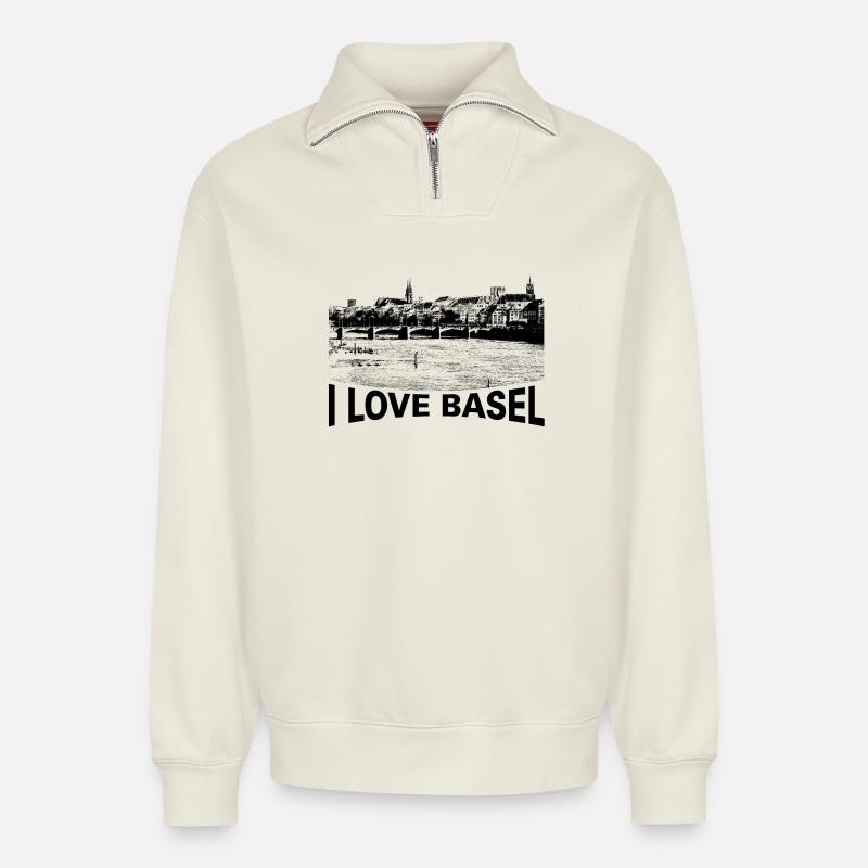 I love Basel - Relaxed Unisex Organic Half Zip Sweatshirt – von SPREAD - Naturweiß