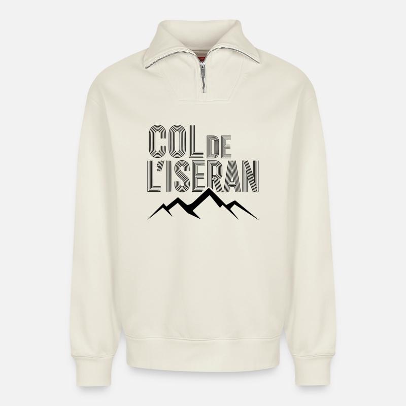 Col de l’Iseran Moderne Alpin - Sweat unisexe décontracté en coton biologique à demi-zip – de SPREAD - blanc cassé