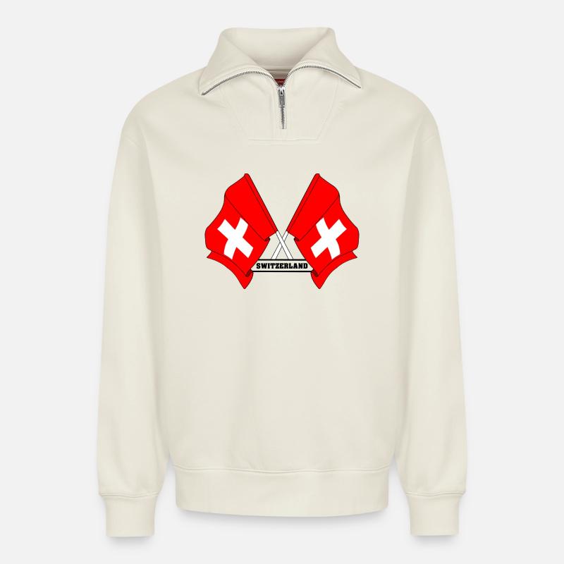 Drapeaux de la Suisse - Sweat unisexe décontracté en coton biologique à demi-zip – de SPREAD - blanc cassé