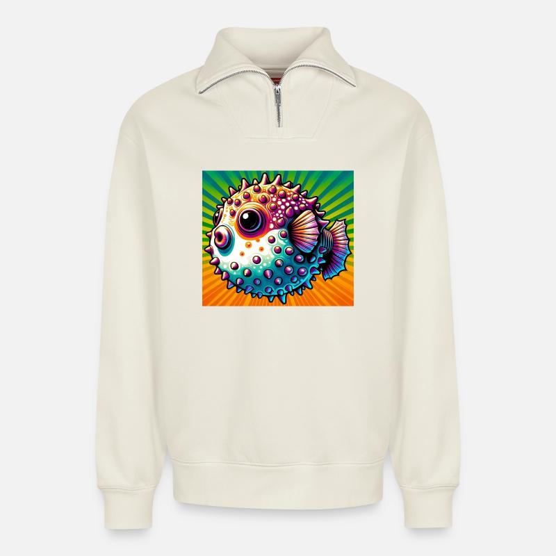 Kugelfisch - Relaxed Unisex Organic Half Zip Sweatshirt – von SPREAD - Naturweiß