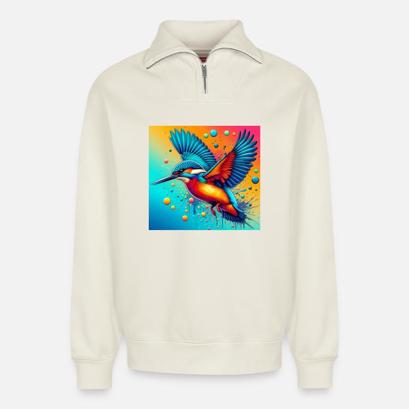 martin-pêcheur - Sweat unisexe décontracté en coton biologique à demi-zip – de SPREAD - blanc cassé
