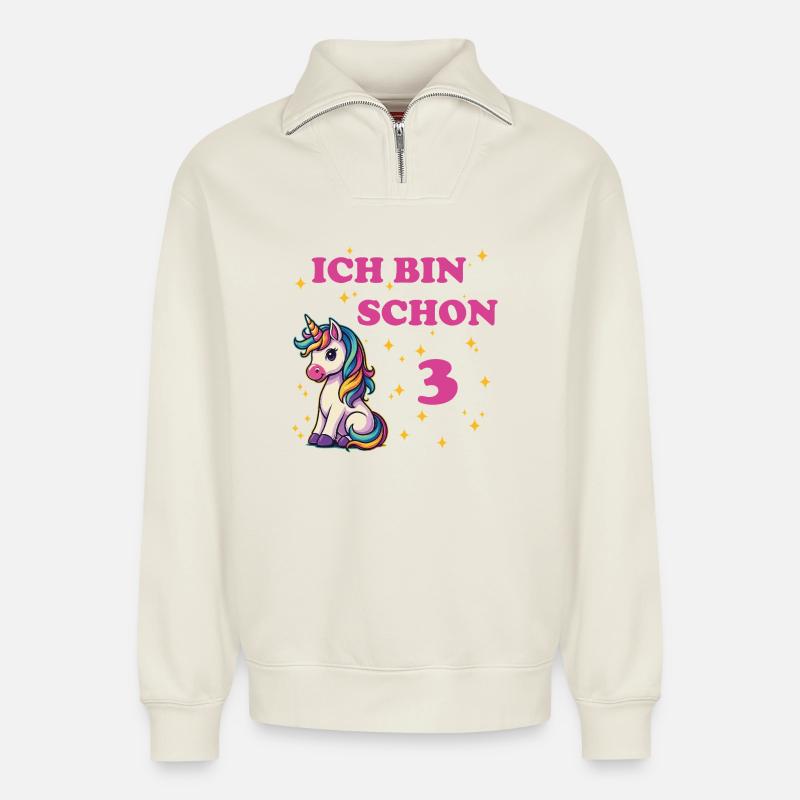 Ich bin schon 3 mit Einhorn - Relaxed Unisex Organic Half Zip Sweatshirt – von SPREAD - Naturweiß