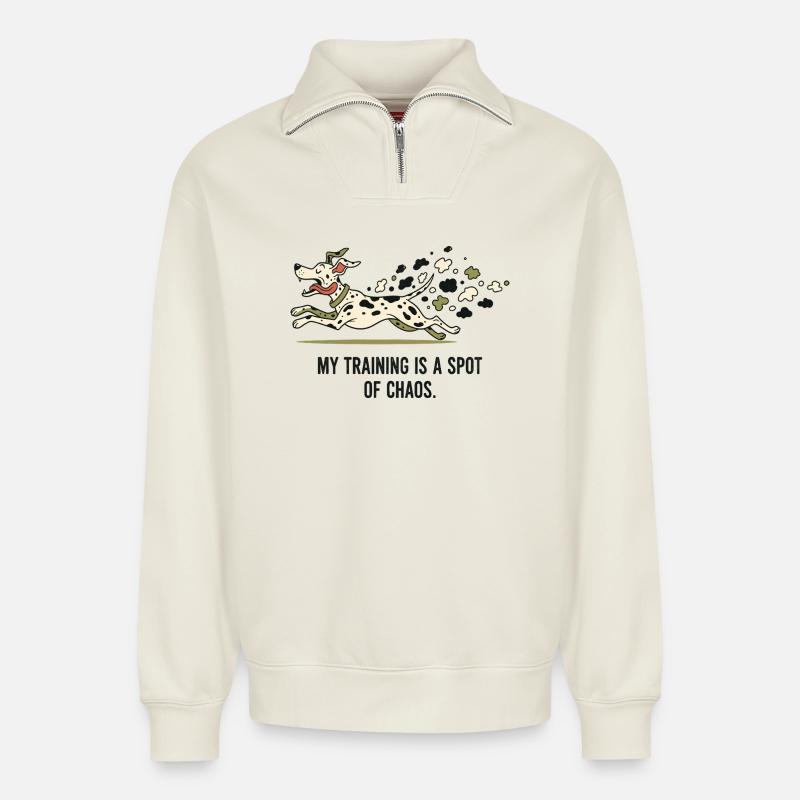 Mein Training ist ein Fleckchen Chaos - Relaxed Unisex Organic Half Zip Sweatshirt – von SPREAD - Naturweiß