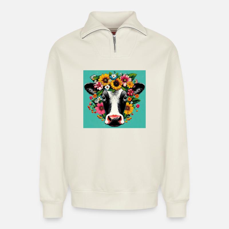 Kuh - Relaxed Unisex Organic Half Zip Sweatshirt – von SPREAD - Naturweiß
