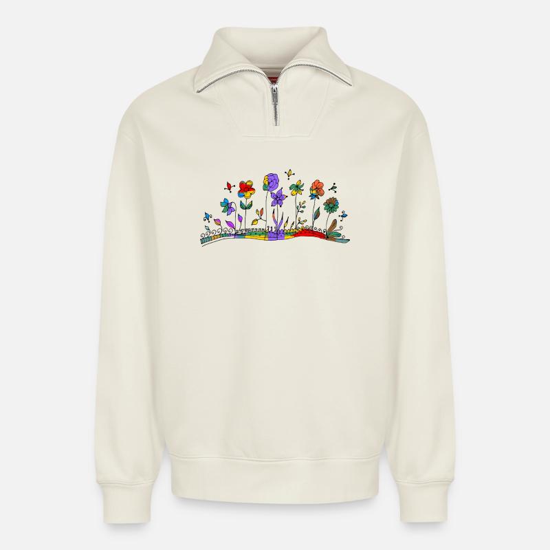 Fleur - Sweat unisexe décontracté en coton biologique à demi-zip – de SPREAD - blanc cassé