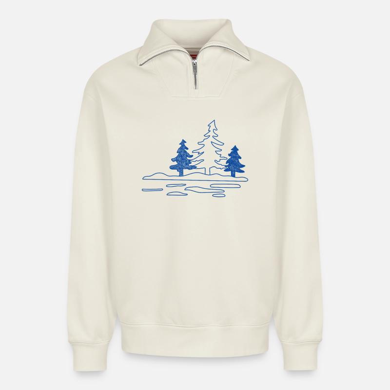 Abstrakter Waldsee mit Kiefern - Relaxed Unisex Organic Half Zip Sweatshirt – von SPREAD - Naturweiß