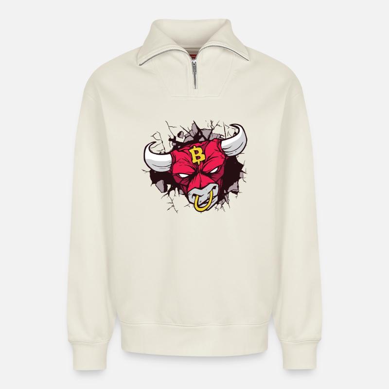 Bitcoin Stierkopf Kunst - Relaxed Unisex Organic Half Zip Sweatshirt – von SPREAD - Naturweiß