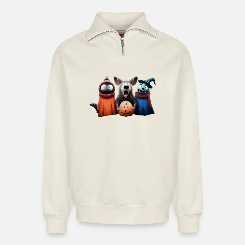 Tollpatschig im Kostüm – Halloween Wooligans - Relaxed Unisex Organic Half Zip Sweatshirt – von SPREAD - Naturweiß