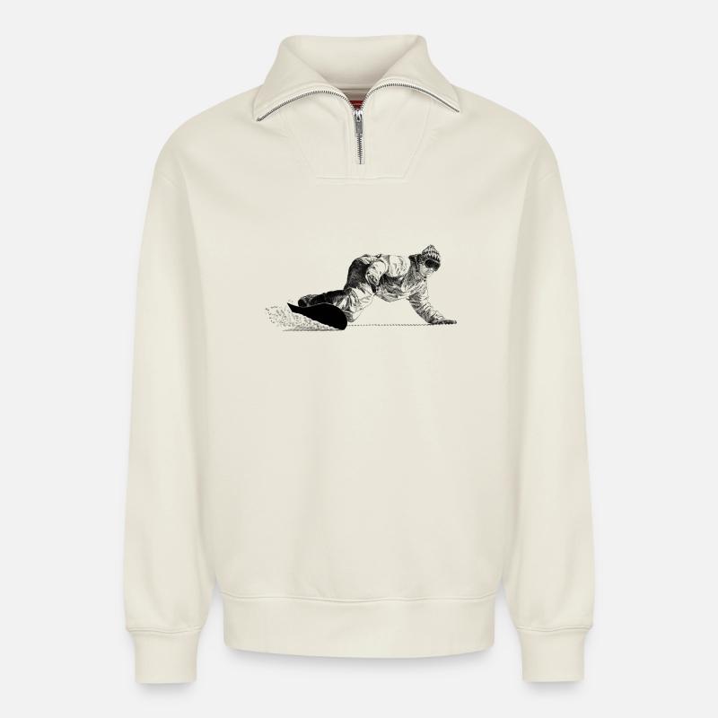Freerider Snowboarder - Relaxed Unisex Organic Half Zip Sweatshirt – von SPREAD - Naturweiß