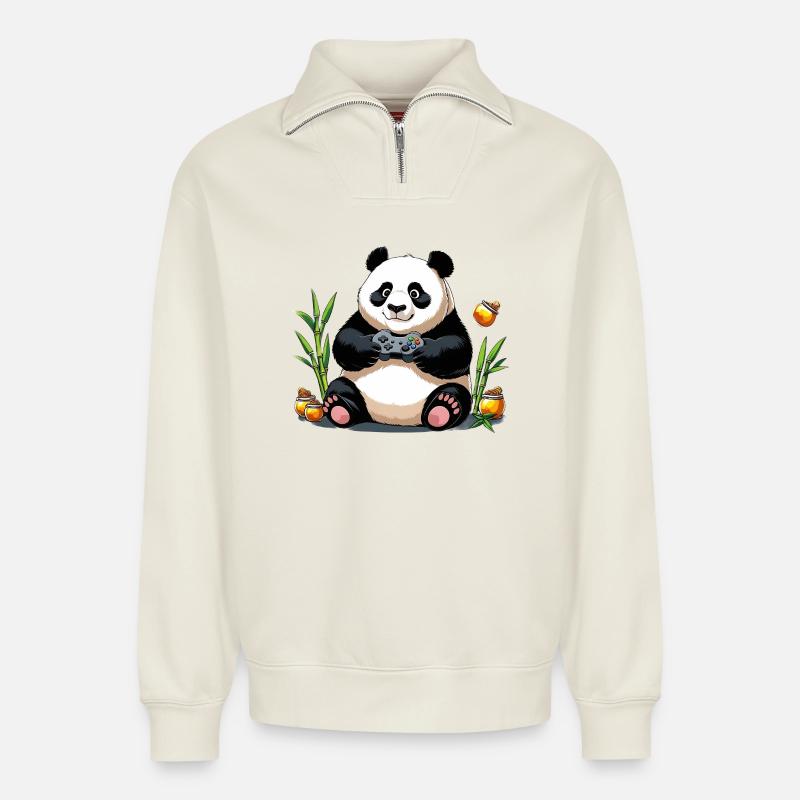 Chill Panda mit Gaming Controller - Relaxed Unisex Organic Half Zip Sweatshirt – von SPREAD - Naturweiß