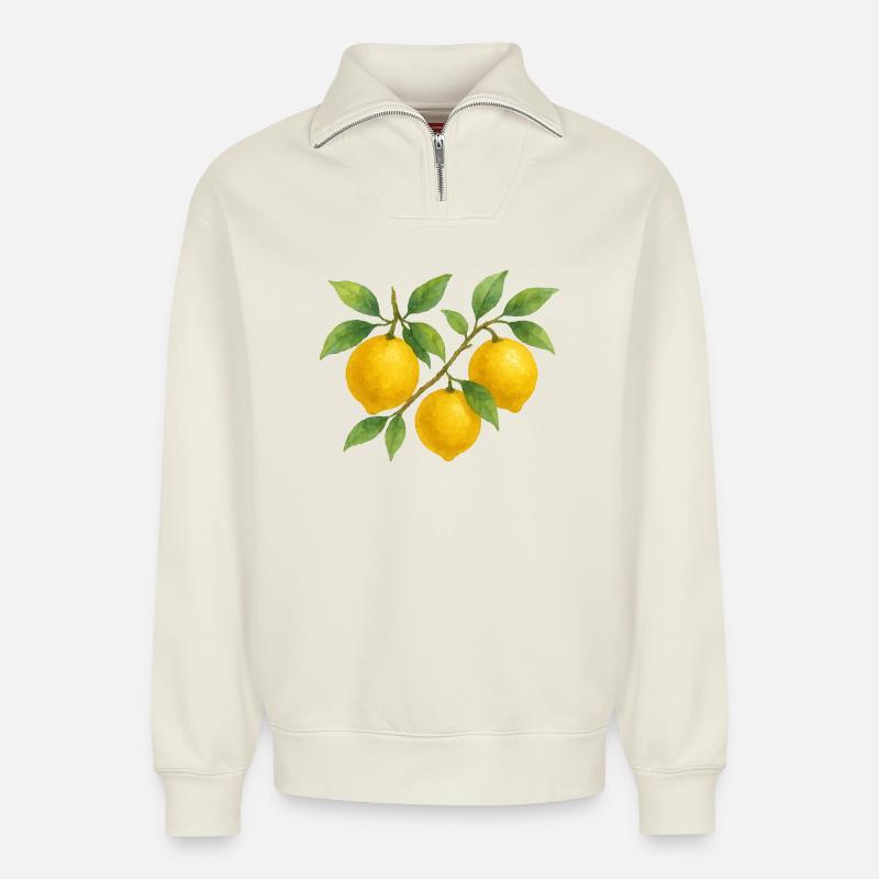 Branche de citron aquarelle design - Sweat unisexe décontracté en coton biologique à demi-zip – de SPREAD - blanc cassé