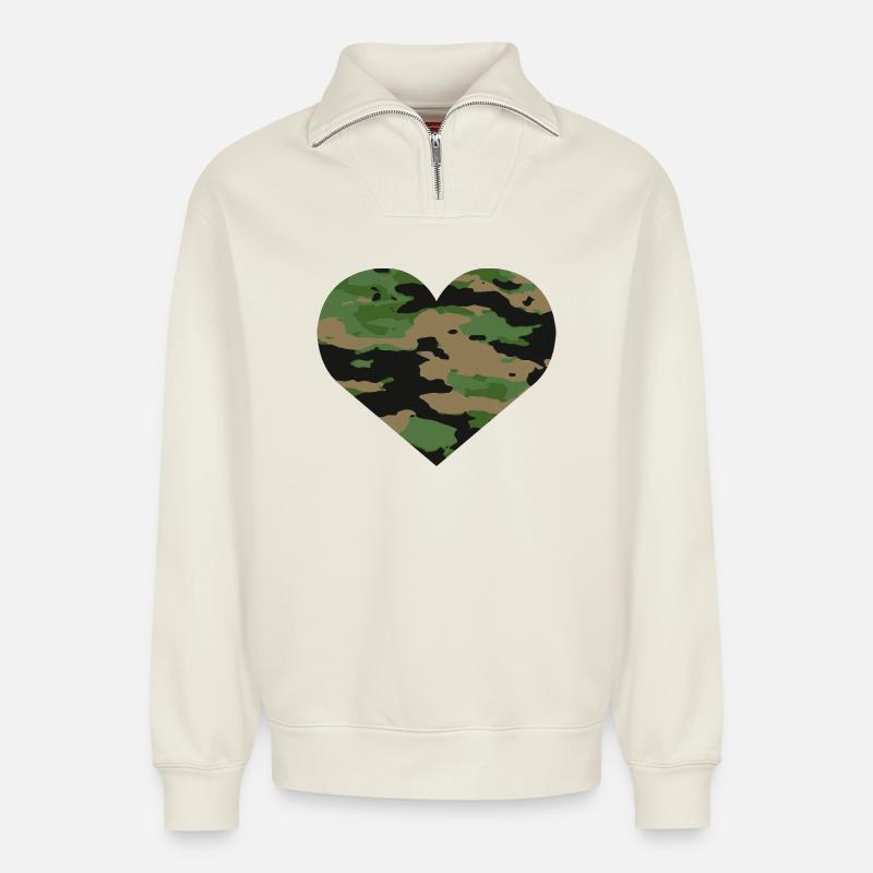 Camouflage Herz Design - Relaxed Unisex Organic Half Zip Sweatshirt – von SPREAD - Naturweiß