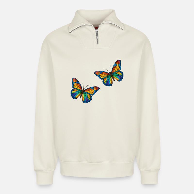 Bunte Mosaikschmetterlinge Design - Relaxed Unisex Organic Half Zip Sweatshirt – von SPREAD - Naturweiß