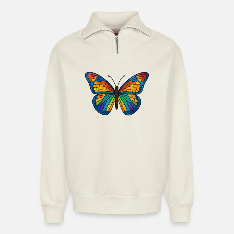 Bunter Mosaik-Schmetterling - Relaxed Unisex Organic Half Zip Sweatshirt – von SPREAD - Naturweiß