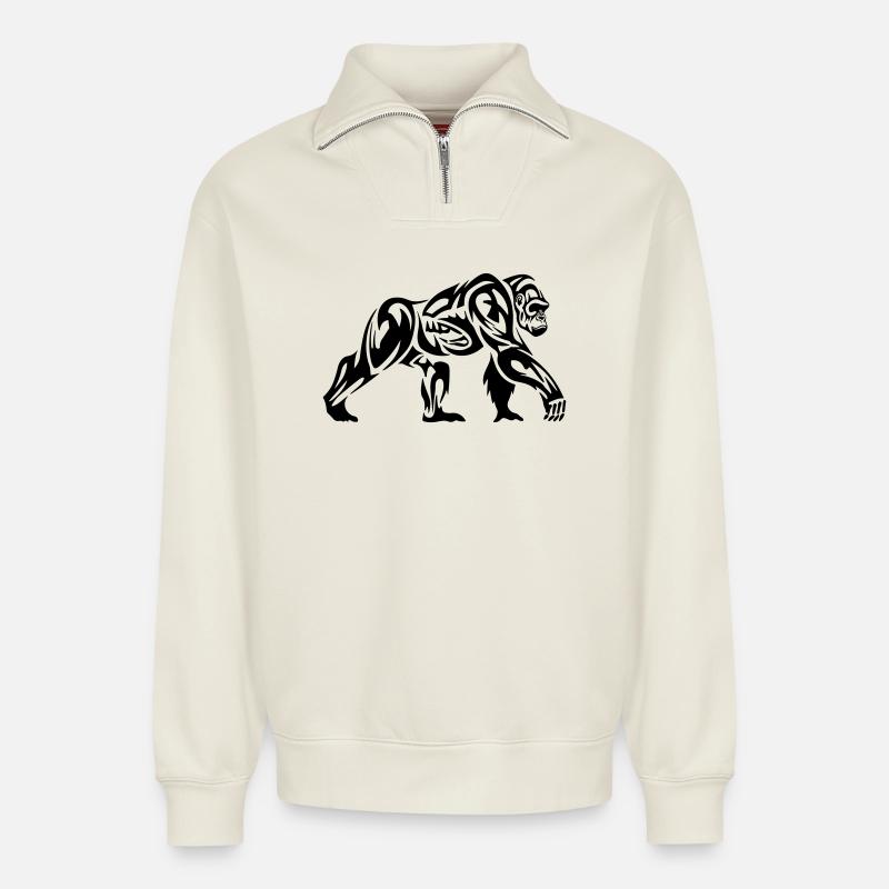 Gorille Tribal - Sweat unisexe décontracté en coton biologique à demi-zip – de SPREAD - blanc cassé
