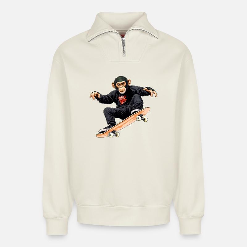 Skateboard singe - Sweat unisexe décontracté en coton biologique à demi-zip – de SPREAD - blanc cassé