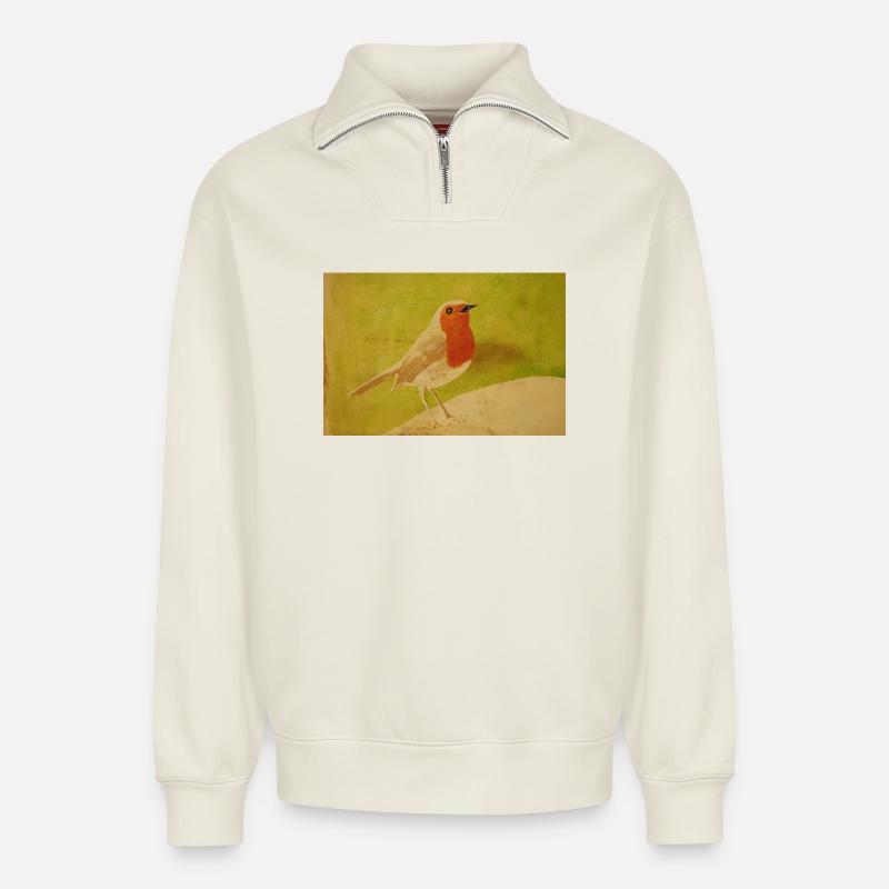 Vogelillustration mit rotem Bauch - Relaxed Unisex Organic Half Zip Sweatshirt – von SPREAD - Naturweiß