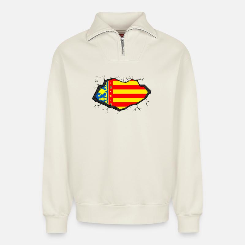 Valencia Flagge - Relaxed Unisex Organic Half Zip Sweatshirt – von SPREAD - Naturweiß