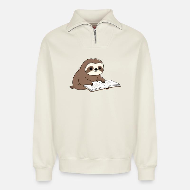Cute Sloth Reader with Book - Relaxed Unisex Organic Half Zip Sweatshirt – by SPREAD - off white