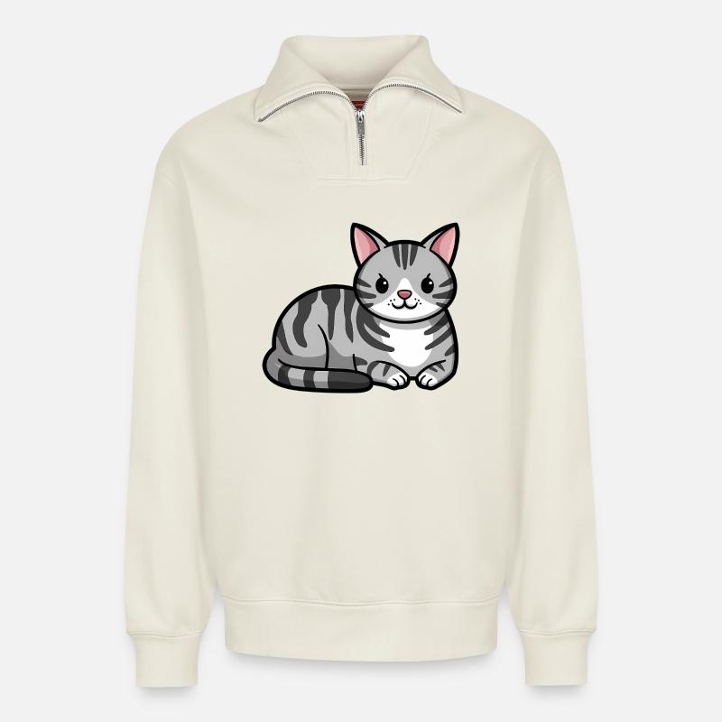Grey Tabby Cat - Relaxed Unisex Organic Half Zip Sweatshirt – by SPREAD - off white