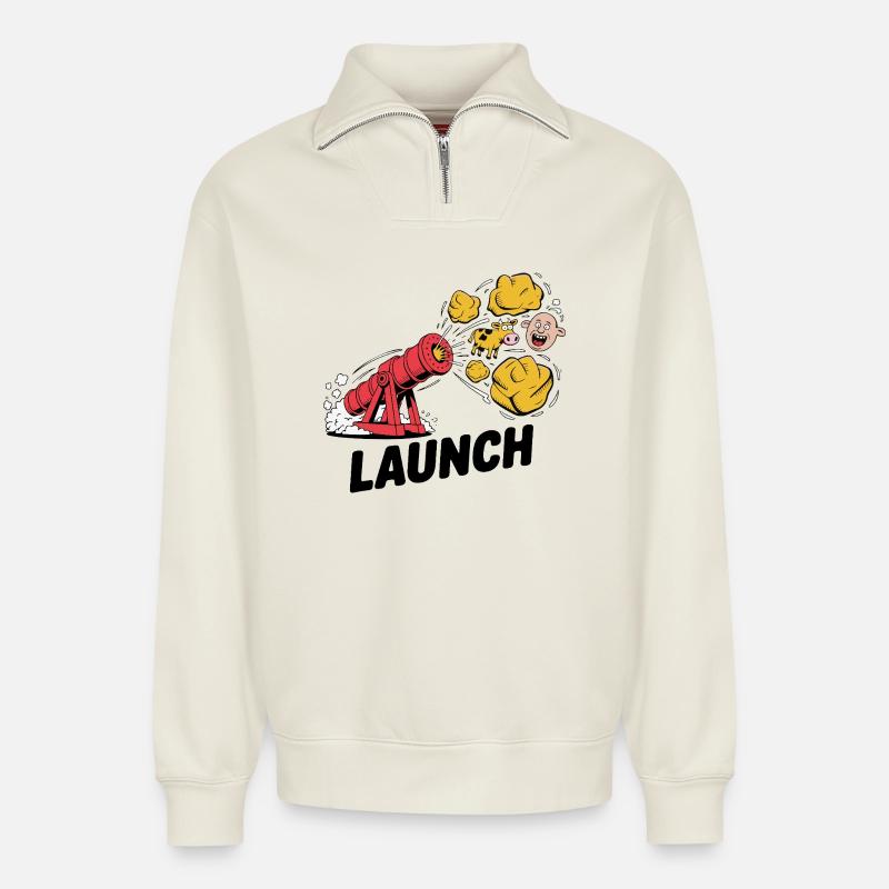 Comic Dinosaur Cannon Explosion Design - Relaxed Unisex Organic Half Zip Sweatshirt – by SPREAD - off white