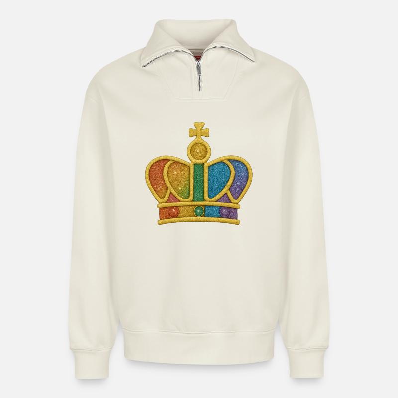 Regenbogen-Glitzerkronen-Design - Relaxed Unisex Organic Half Zip Sweatshirt – von SPREAD - Naturweiß