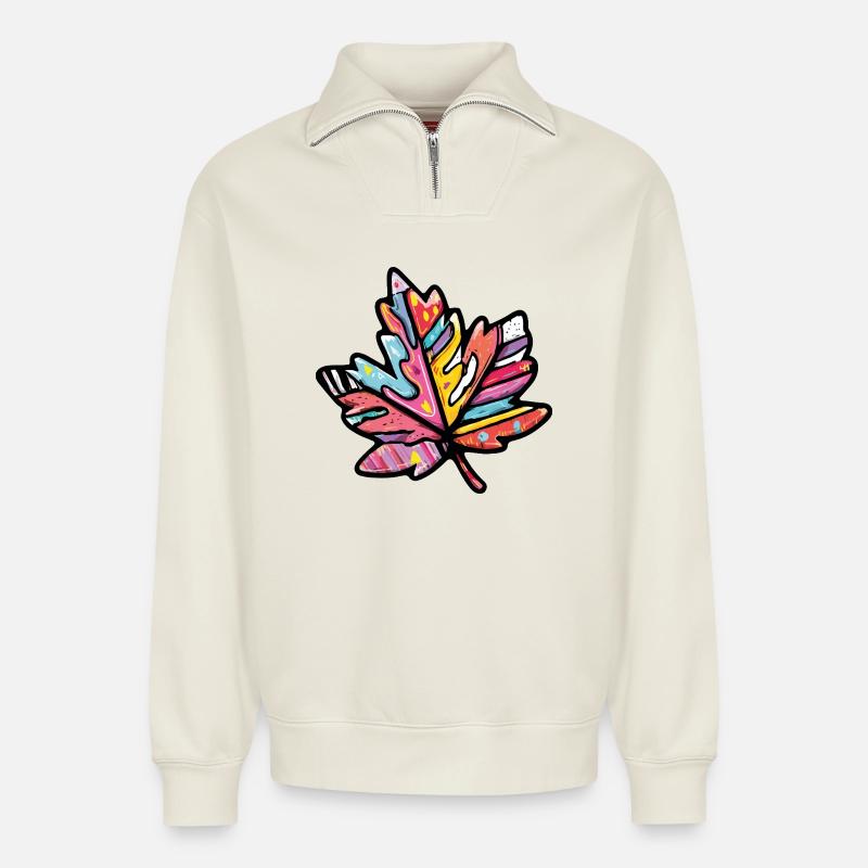 Ahorn Blatt Bunt Herbst - Relaxed Unisex Organic Half Zip Sweatshirt – von SPREAD - Naturweiß