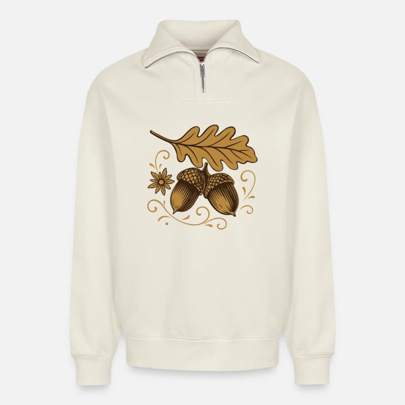 Eicheln mit Blatt – Herbst Design - Relaxed Unisex Organic Half Zip Sweatshirt – von SPREAD - Naturweiß