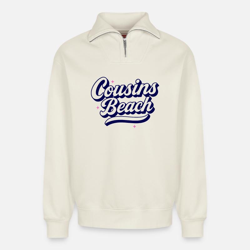 Cousins Beach – Retro Script Design - Relaxed Unisex Organic Half Zip Sweatshirt – von SPREAD - Naturweiß