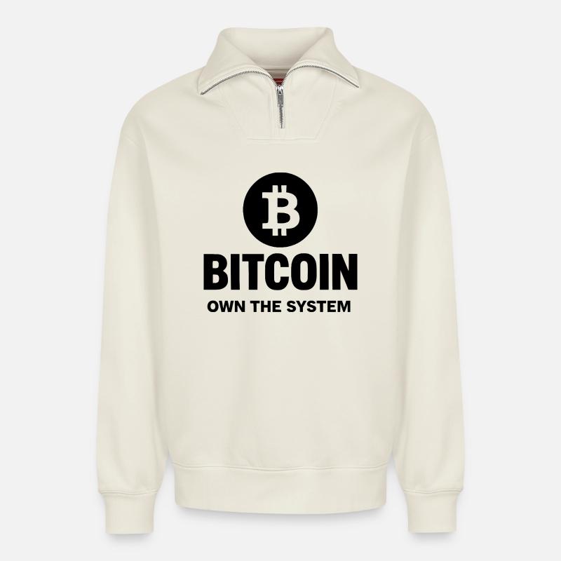 Bitcoin - Posséder le système - Sweat unisexe décontracté en coton biologique à demi-zip – de SPREAD - blanc cassé