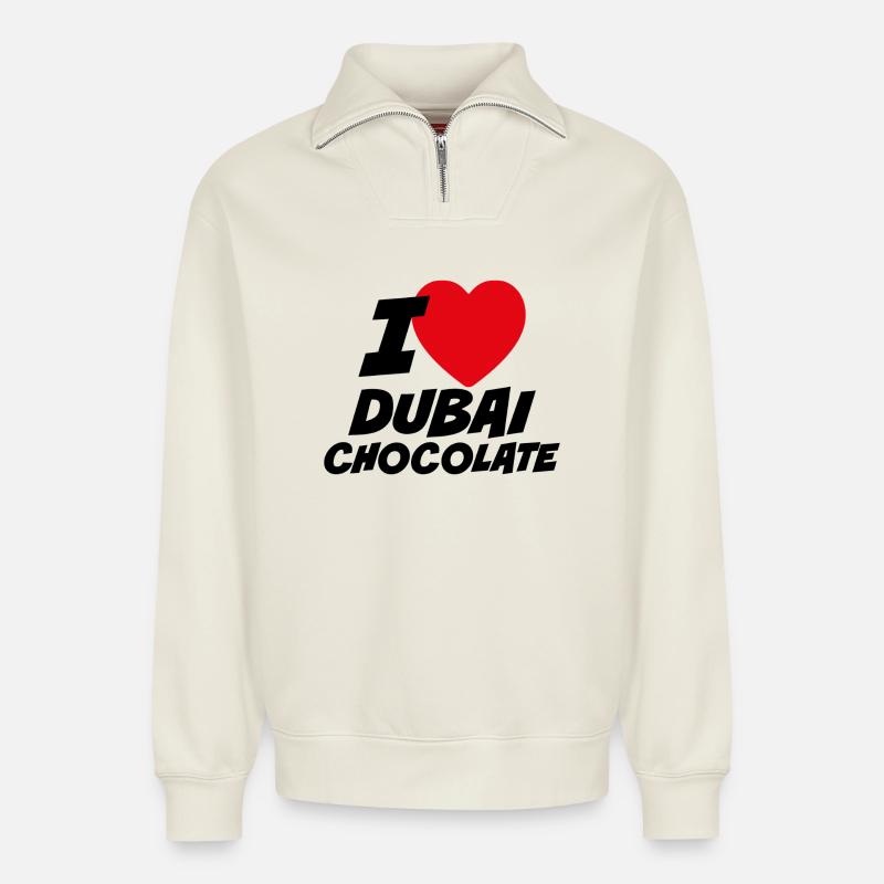 Ich liebe Dubai Schokolade - Relaxed Unisex Organic Half Zip Sweatshirt – von SPREAD - Naturweiß