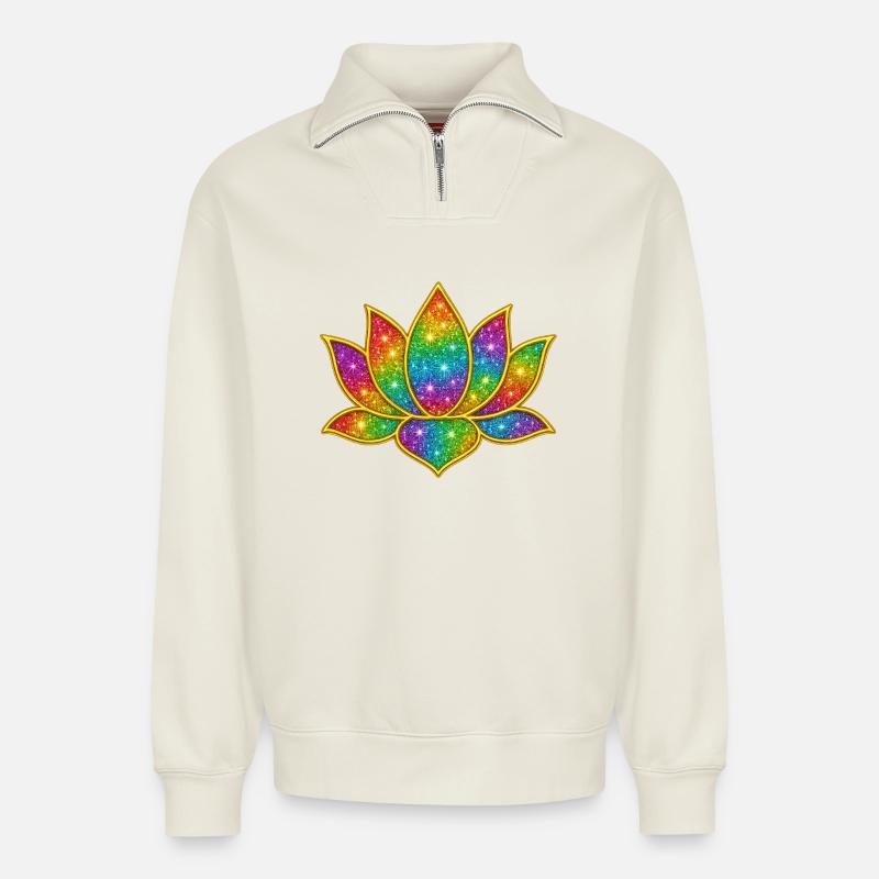 Funkelnder Lotus in Regenbogenfarben - Relaxed Unisex Organic Half Zip Sweatshirt – von SPREAD - Naturweiß
