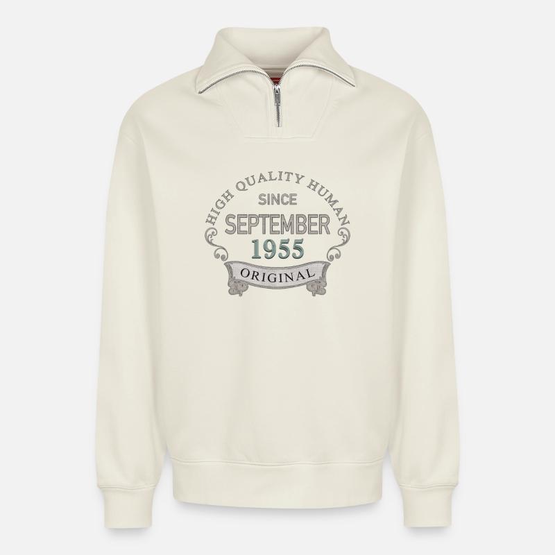 Seit_September_1955 - Relaxed Unisex Organic Half Zip Sweatshirt – von SPREAD - Naturweiß