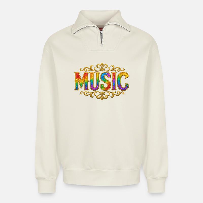 Bunter Musik-Glitzereffekt - Relaxed Unisex Organic Half Zip Sweatshirt – von SPREAD - Naturweiß