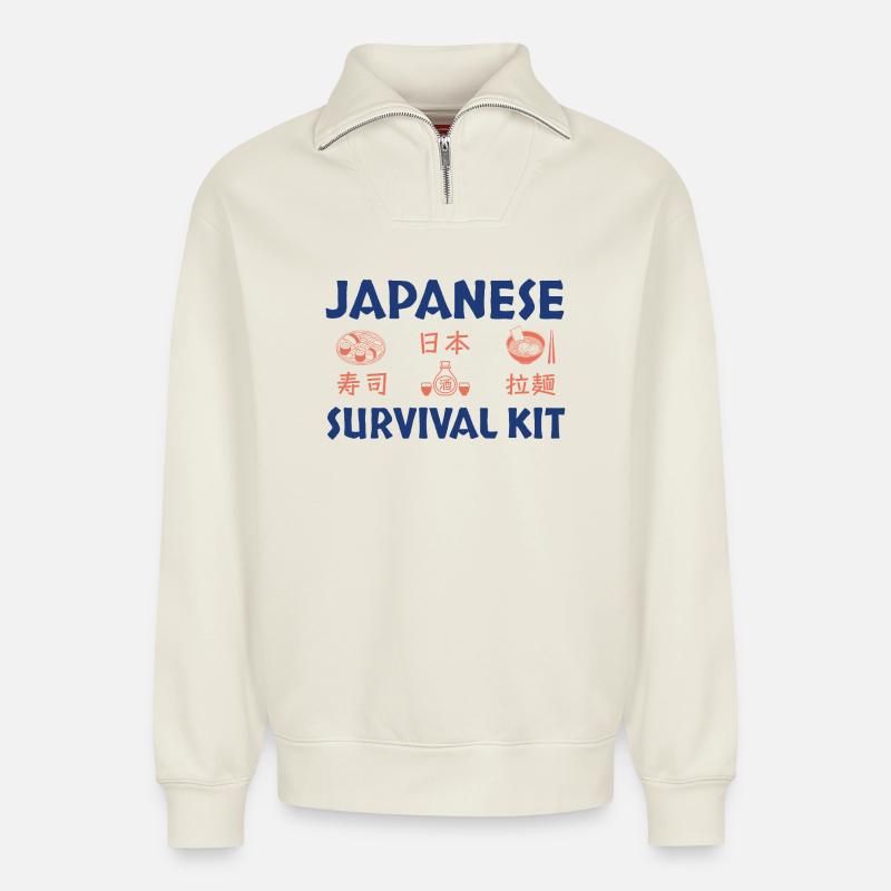 Japanisches Sushi Survival Kit Design - Relaxed Unisex Organic Half Zip Sweatshirt – von SPREAD - Naturweiß