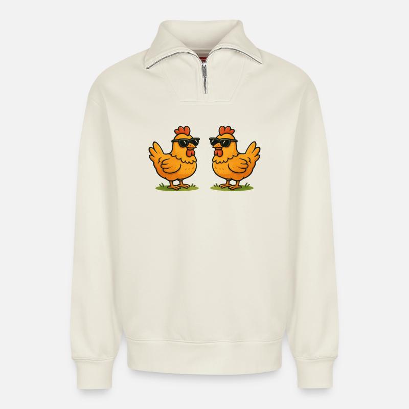 Hühner mit Sonnenbrillen - Relaxed Unisex Organic Half Zip Sweatshirt – von SPREAD - Naturweiß