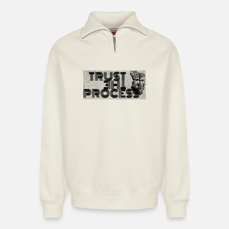 TRUST–THE–PROCESS - Sweat unisexe décontracté en coton biologique à demi-zip – de SPREAD - blanc cassé
