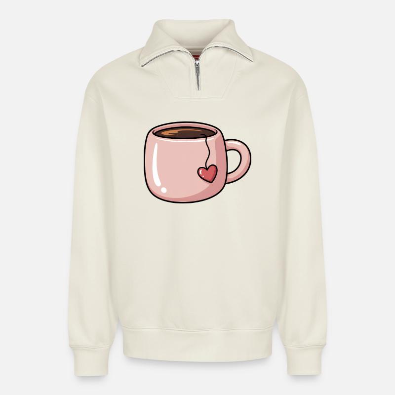 Herz-Teetasse - Relaxed Unisex Organic Half Zip Sweatshirt – von SPREAD - Naturweiß