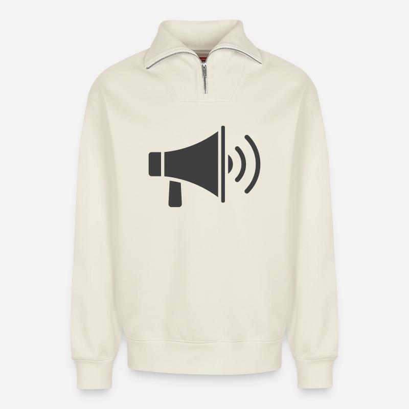 Conception d’icône de mégaphone - Sweat unisexe décontracté en coton biologique à demi-zip – de SPREAD - blanc cassé
