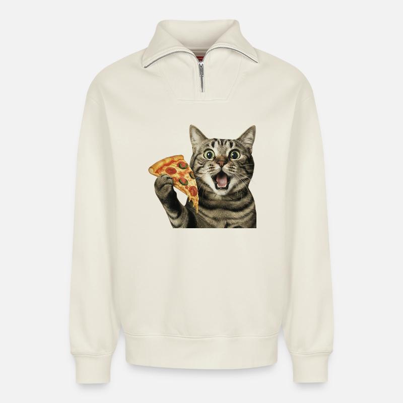Pizza-Katze - Relaxed Unisex Organic Half Zip Sweatshirt – von SPREAD - Naturweiß