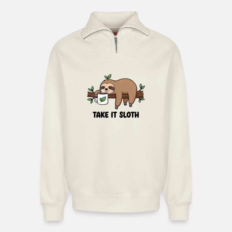 Fauler Latte - Relaxed Unisex Organic Half Zip Sweatshirt – von SPREAD - Naturweiß