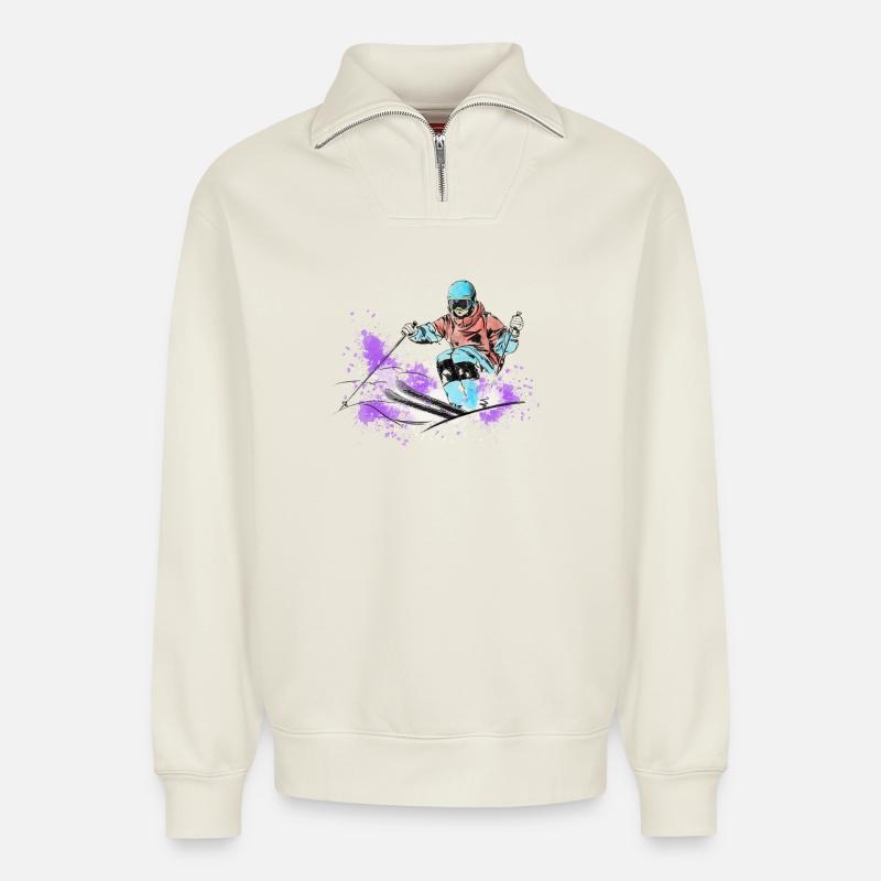 Ski de bosses - Sweat unisexe décontracté en coton biologique à demi-zip – de SPREAD - blanc cassé