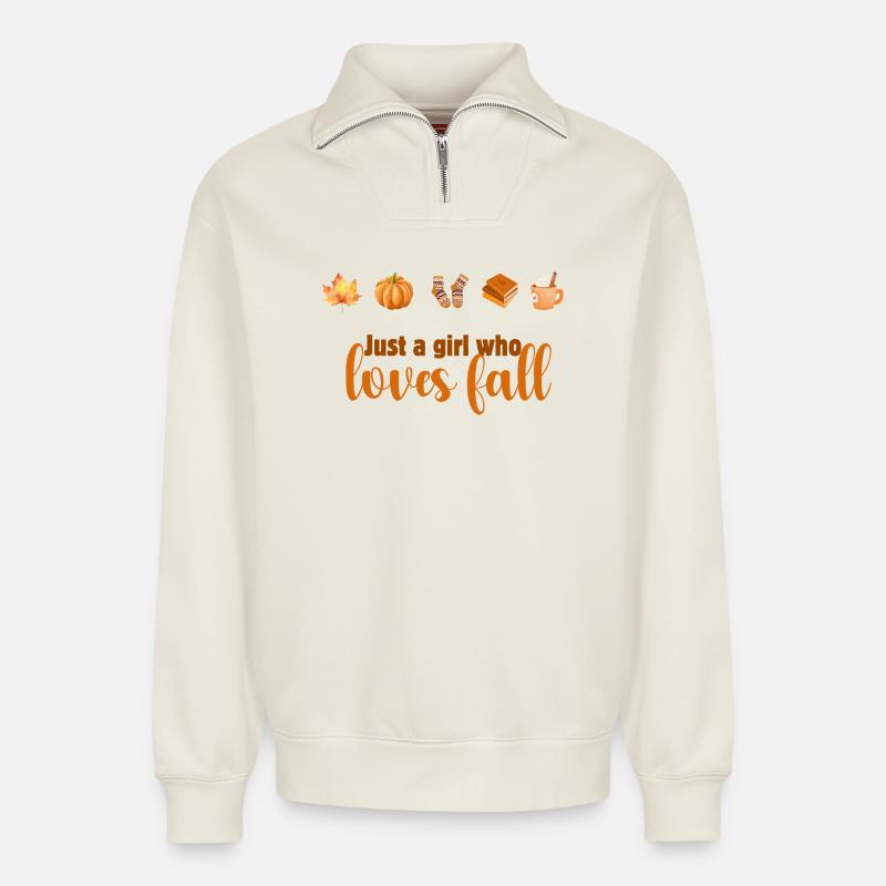 Herbstliebendes Mädchen Design, Fall Vibes - Relaxed Unisex Organic Half Zip Sweatshirt – von SPREAD - Naturweiß