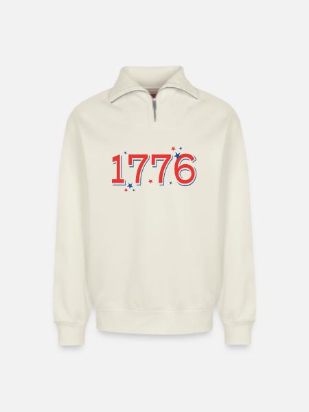 Rot-BlauSterneCelebrationDesign - Relaxed Unisex Organic Half Zip Sweatshirt – von SPREAD - Naturweiß