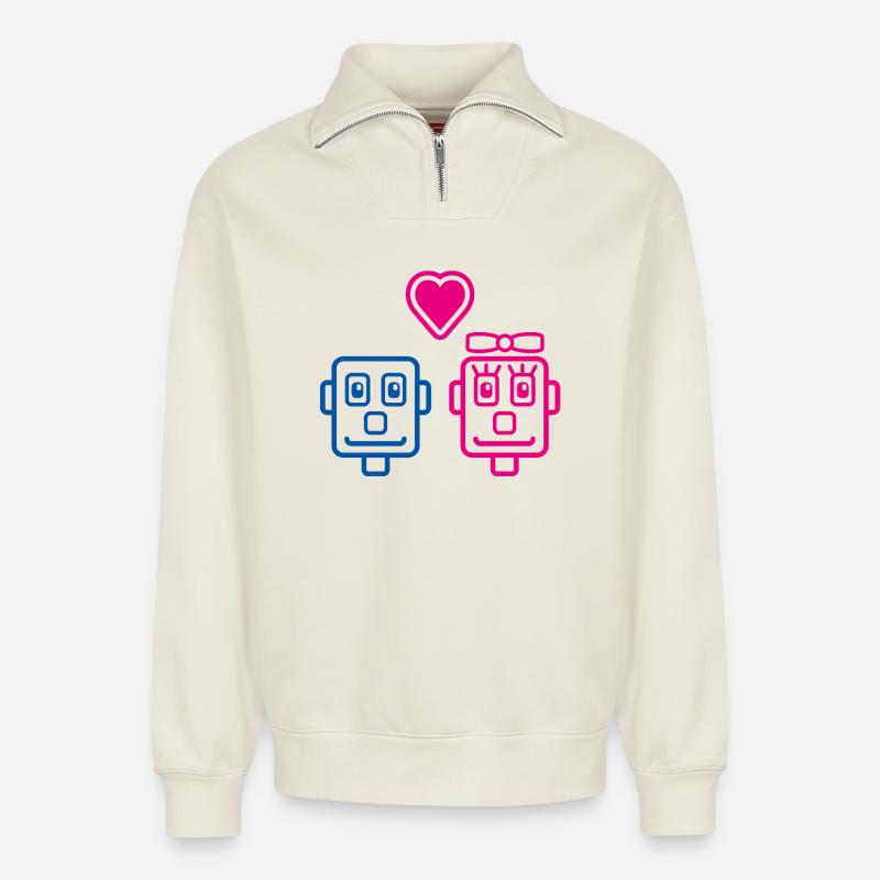 Robot Lovers von Helfspawn - Relaxed Unisex Organic Half Zip Sweatshirt – von SPREAD - Naturweiß