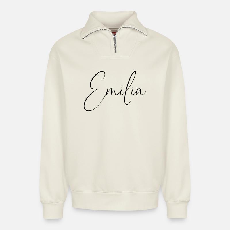 Emilia / Conception d’écriture manuscrite personnalisée - Sweat unisexe décontracté en coton biologique à demi-zip – de SPREAD - blanc cassé
