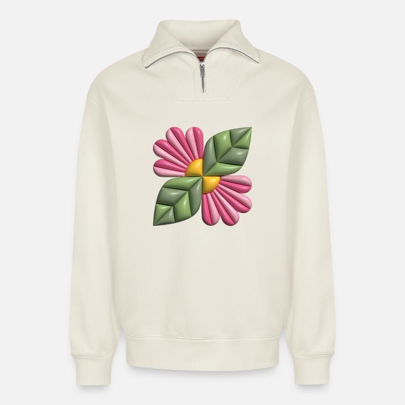 3d-Blumenquadrat - Relaxed Unisex Organic Half Zip Sweatshirt – von SPREAD - Naturweiß