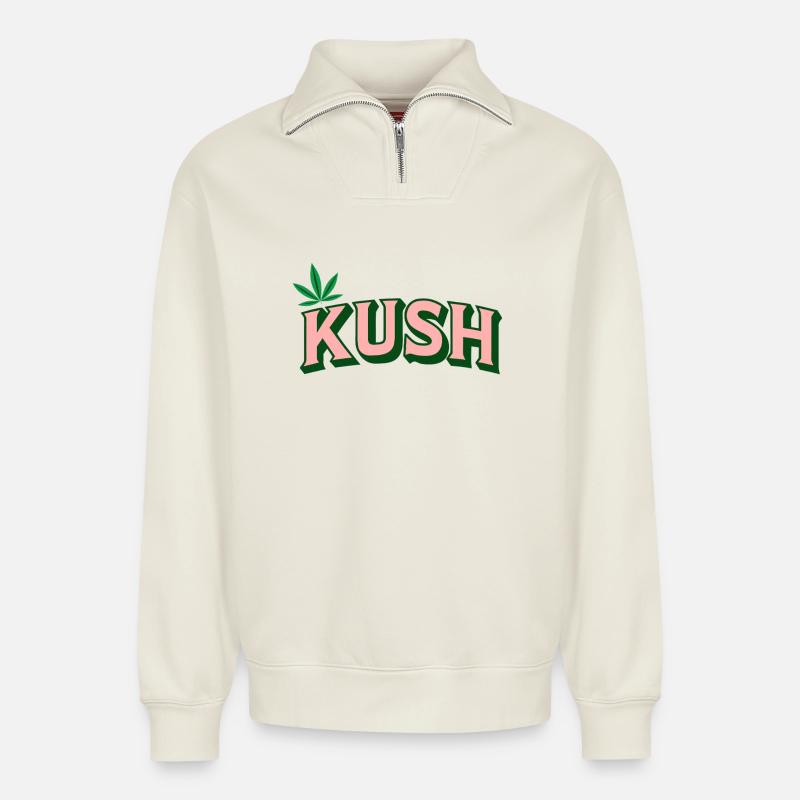 KUSH Retro Blatt - Relaxed Unisex Organic Half Zip Sweatshirt – von SPREAD - Naturweiß