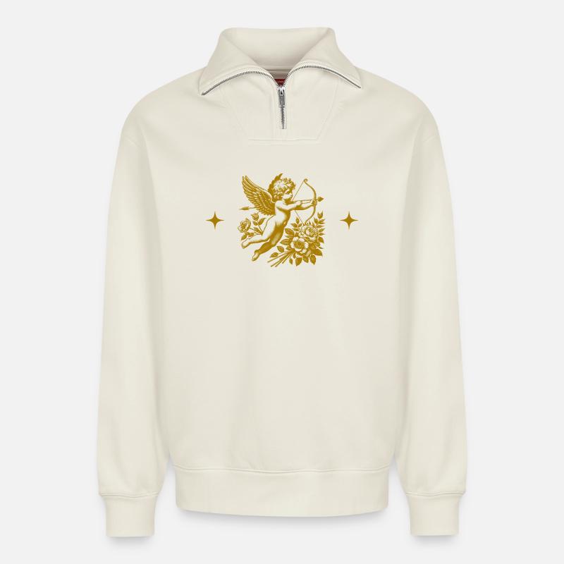 Cupid Doré et Fleurs - Sweat unisexe décontracté en coton biologique à demi-zip – de SPREAD - blanc cassé